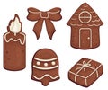 Set of gingerbread with icing patterns, candle, bell, house, bow, gift
